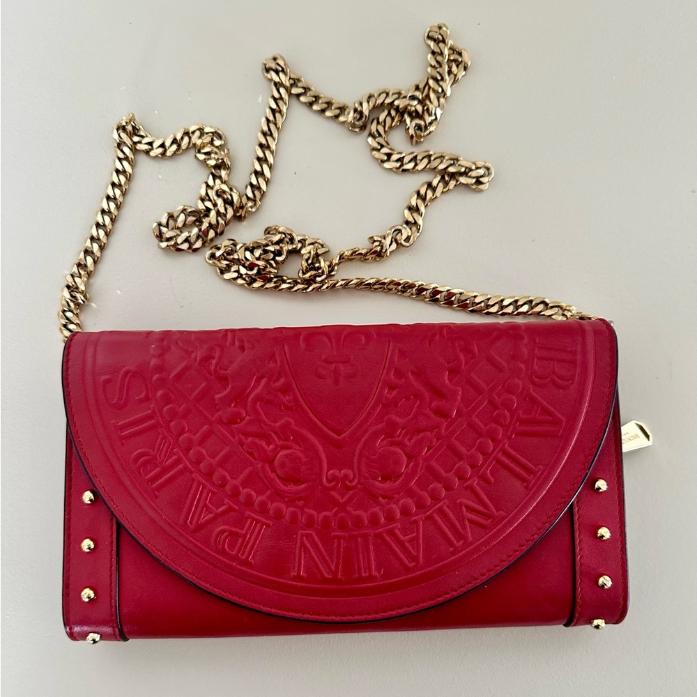 Balmain Red Mini Bag with Gold Chain and Embossed Leather